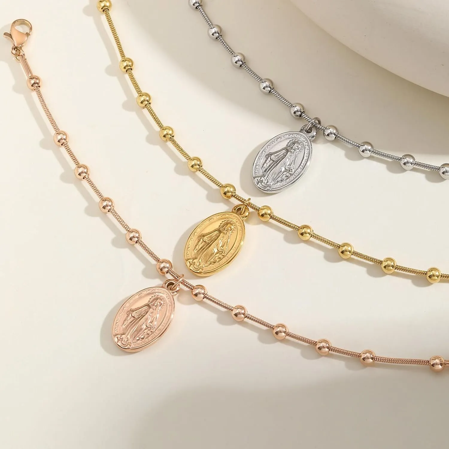 Religious Rosary Bracelet for Women - Gold Plated Stainless Steel Virgin Mary & Cross Charm Prayer Jewelry | Hypoallergenic Faith-Based Gift for Her