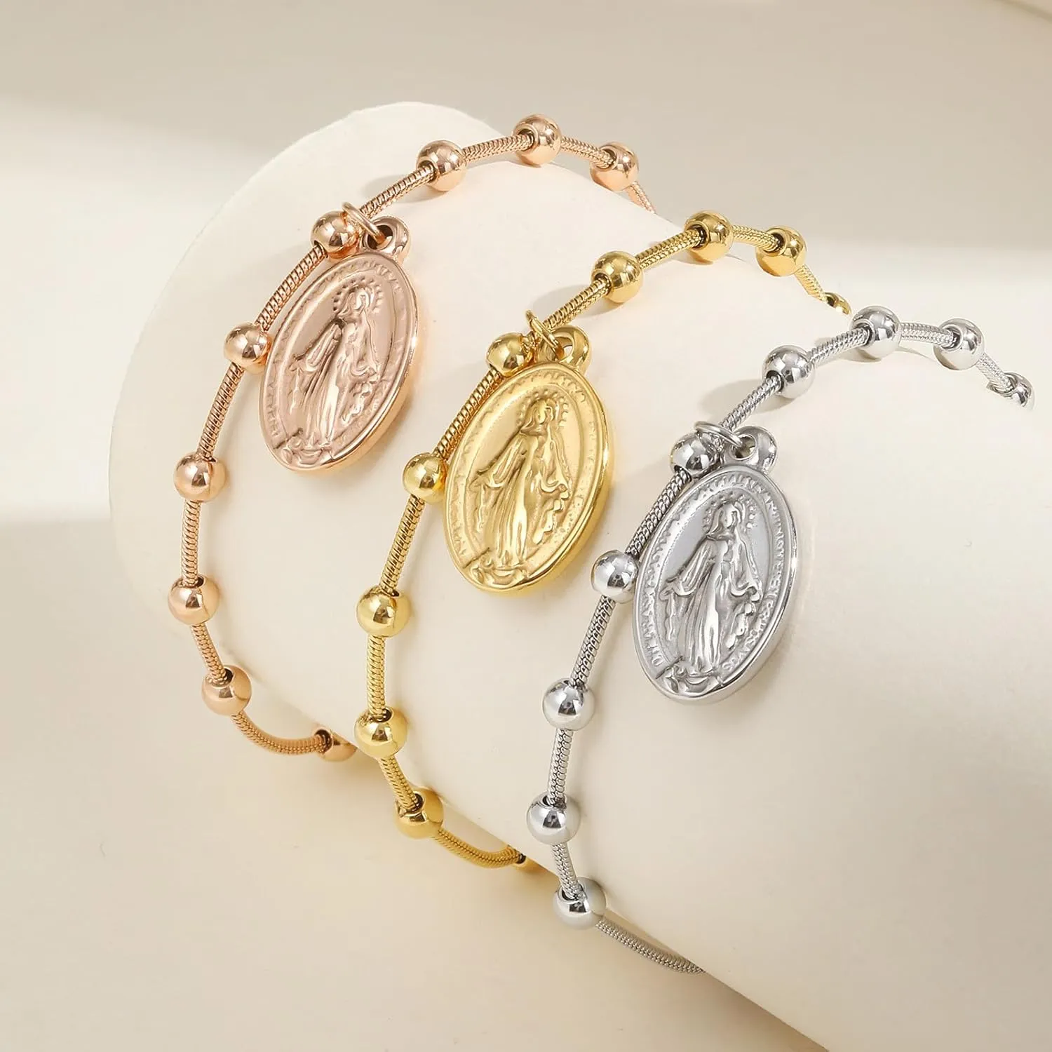 Religious Rosary Bracelet for Women - Gold Plated Stainless Steel Virgin Mary & Cross Charm Prayer Jewelry | Hypoallergenic Faith-Based Gift for Her