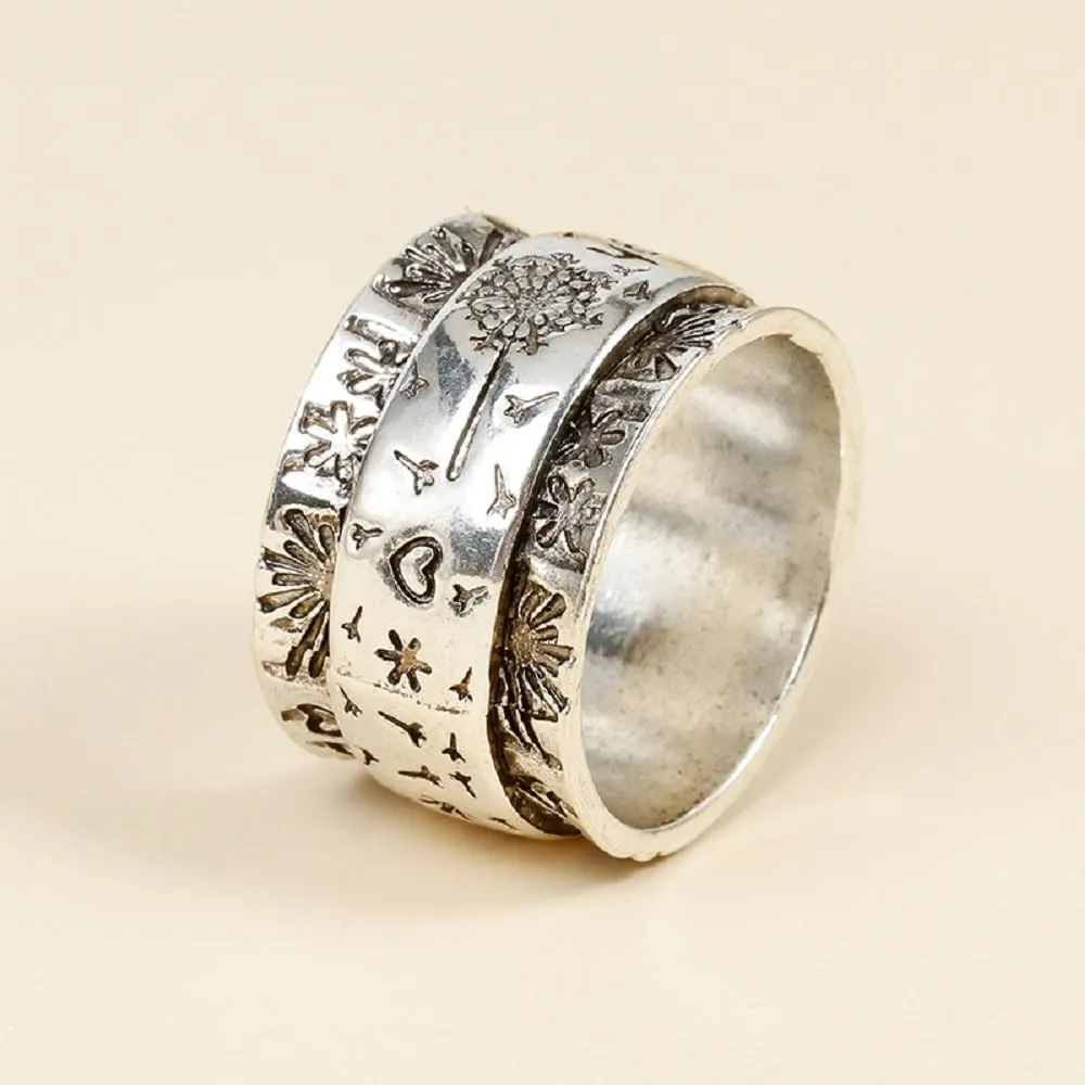 Retro Flower Pattern Boho Statement Band Ring for Women,National Style Chunky Wide band Ring,Large Thumb Index Finger Sun Ring Jewelry Gift for Her