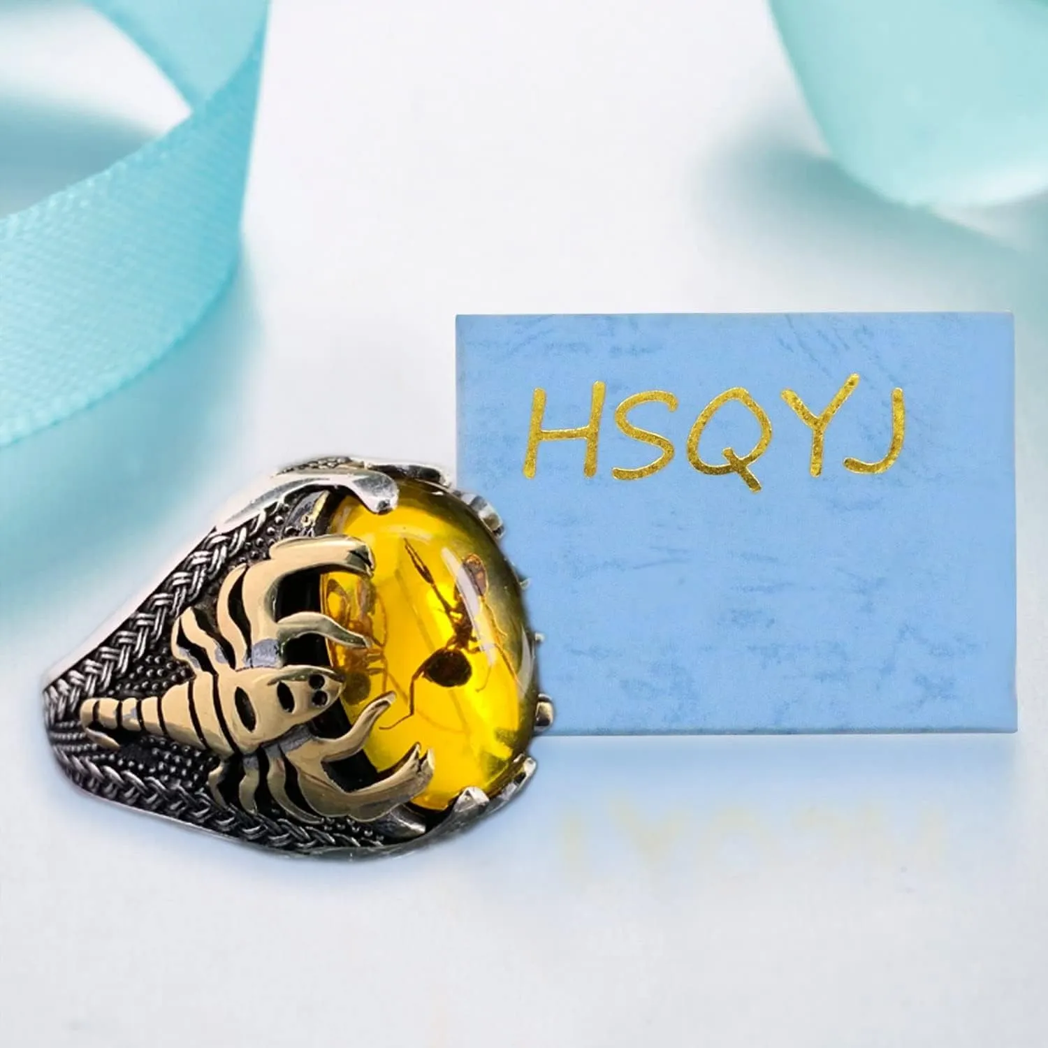 Retro Oval Yellow Agate Cocktail Rings Gothic Hip Hop Punk Crystal Zircon Scorpion Party Ring for Men Boy Fashion Jewellery Gifts
