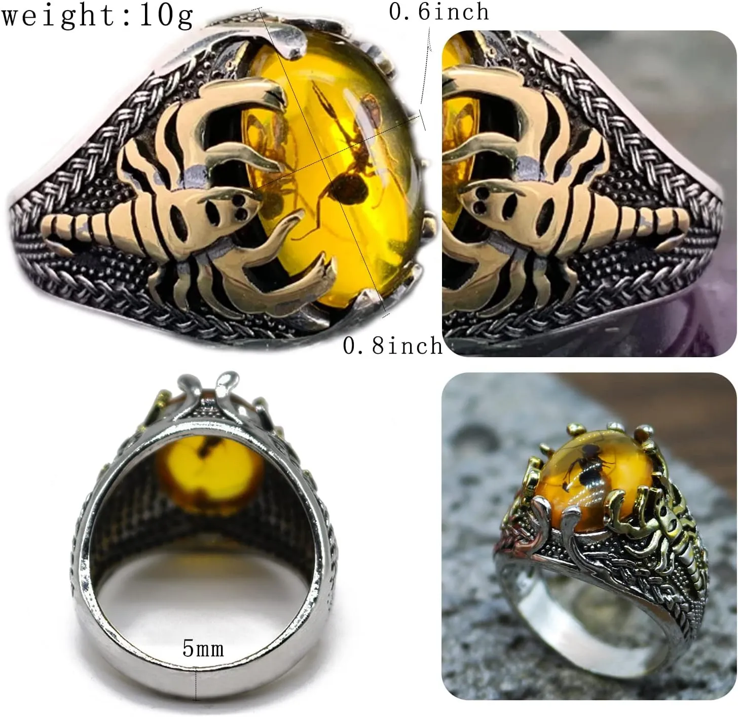 Retro Oval Yellow Agate Cocktail Rings Gothic Hip Hop Punk Crystal Zircon Scorpion Party Ring for Men Boy Fashion Jewellery Gifts