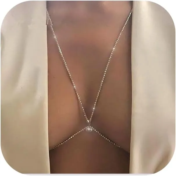 Rhinestone Bra Chains Bikini Halter Backless Silver Crystal Body Chain Summer Beach Multi-Layered Body Jewelry for Women