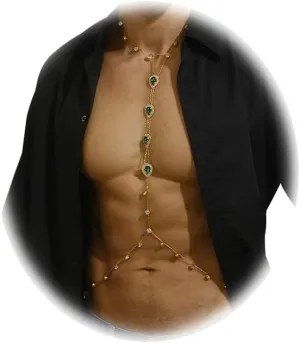 Rhinestone Green Heart Neck Chain Festival Rave Long Body Chain Necklace Summer Crystal Harness Body Chain Rhinestone Waist Belly Chain Jewelry for Women Men