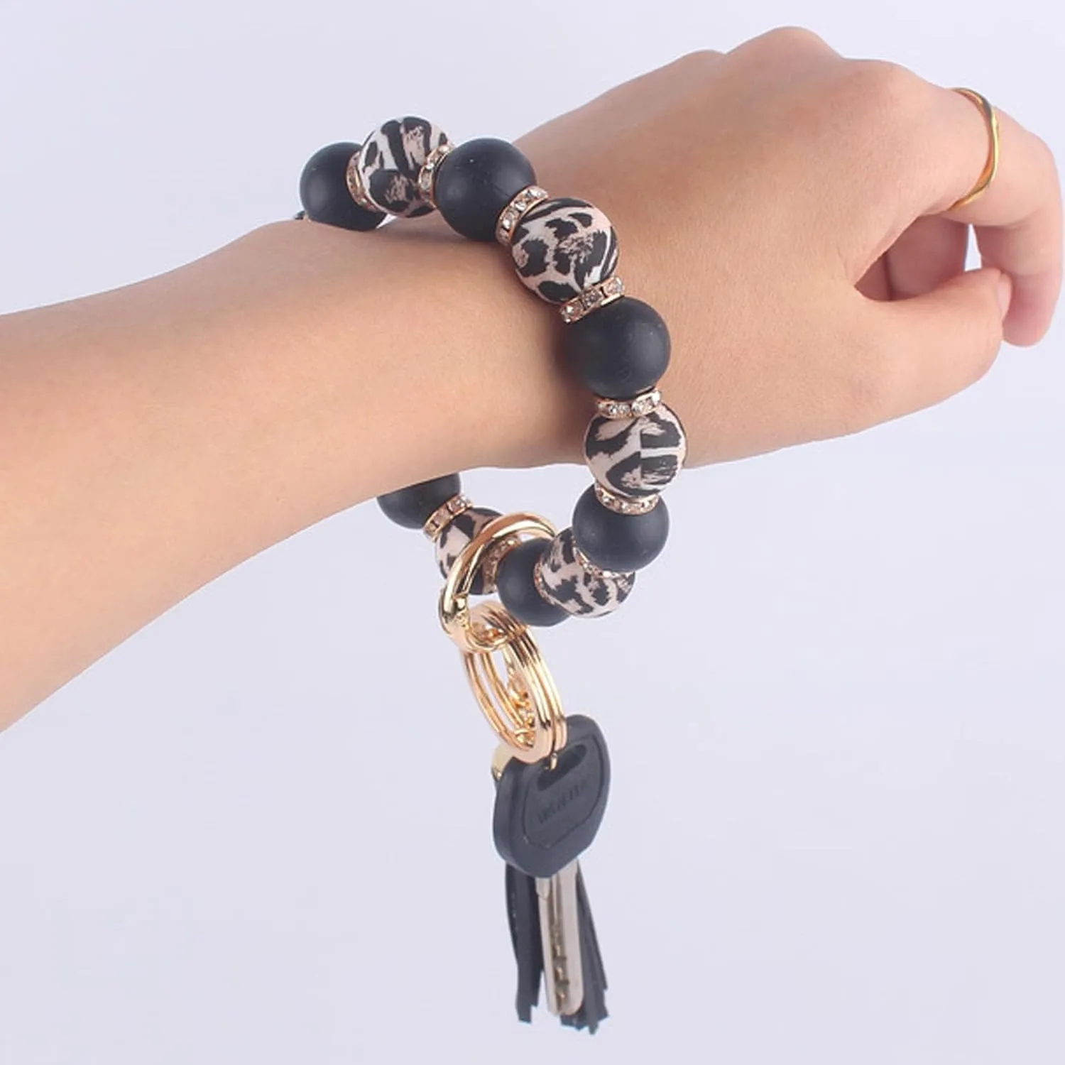 Rhinestone&Silicone Beaded Keychain Bracelet Wristlet Keyrings, Bangle with Tassel 2 Key Rings Holder for Women