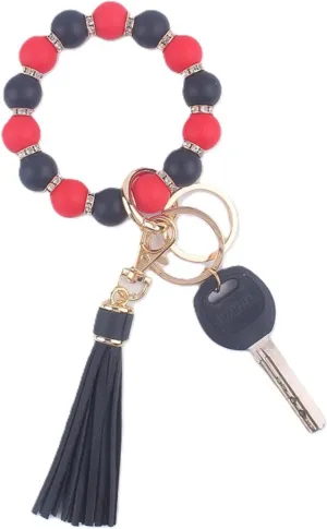 Rhinestone&Silicone Beaded Keychain Bracelet Wristlet Keyrings, Bangle with Tassel 2 Key Rings Holder for Women