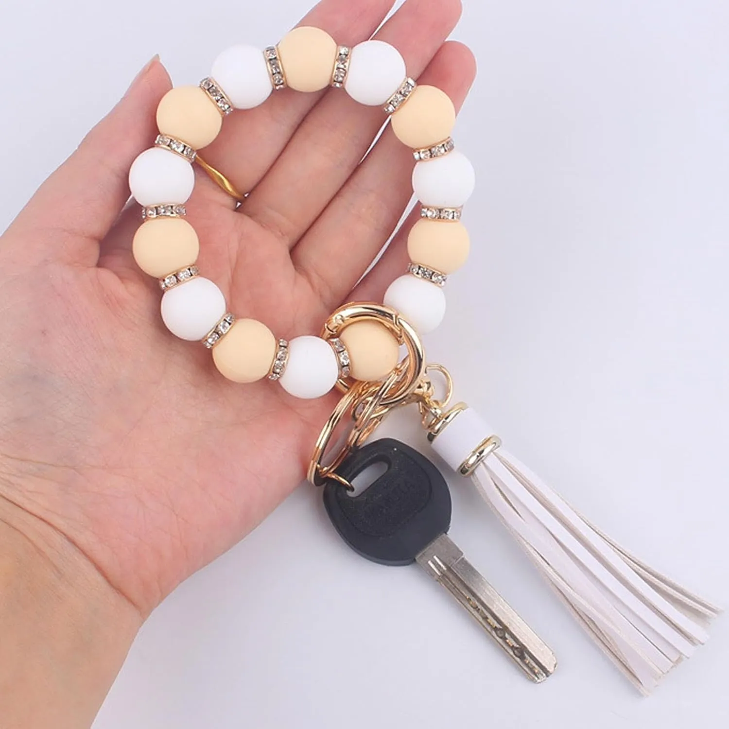 Rhinestone&Silicone Beaded Keychain Bracelet Wristlet Keyrings, Bangle with Tassel 2 Key Rings Holder for Women