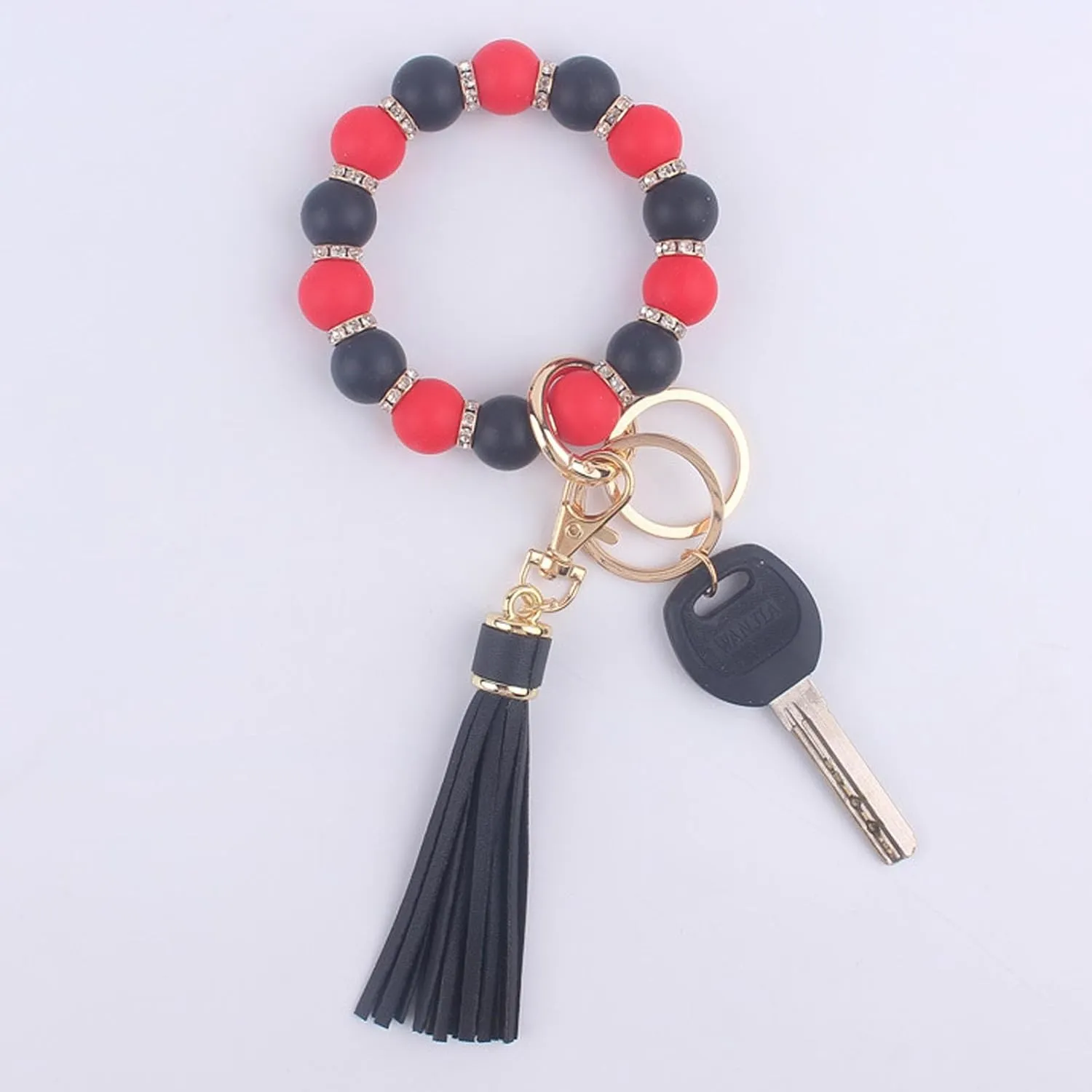 Rhinestone&Silicone Beaded Keychain Bracelet Wristlet Keyrings, Bangle with Tassel 2 Key Rings Holder for Women