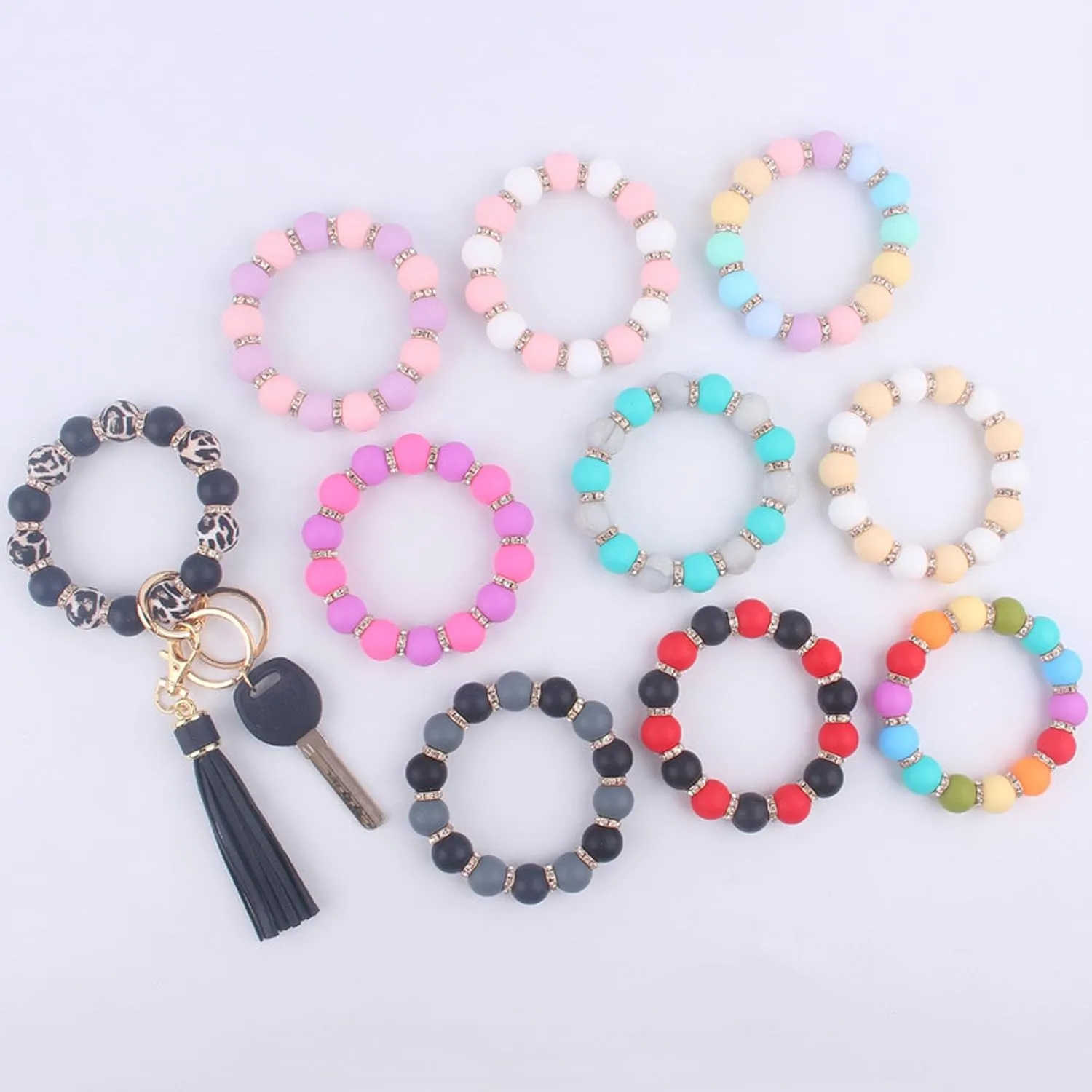 Rhinestone&Silicone Beaded Keychain Bracelet Wristlet Keyrings, Bangle with Tassel 2 Key Rings Holder for Women