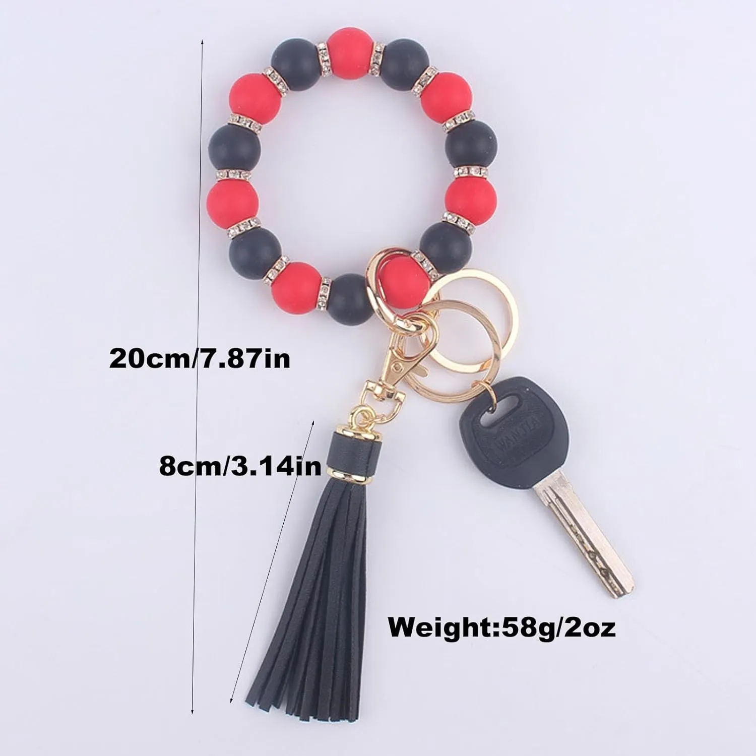 Rhinestone&Silicone Beaded Keychain Bracelet Wristlet Keyrings, Bangle with Tassel 2 Key Rings Holder for Women