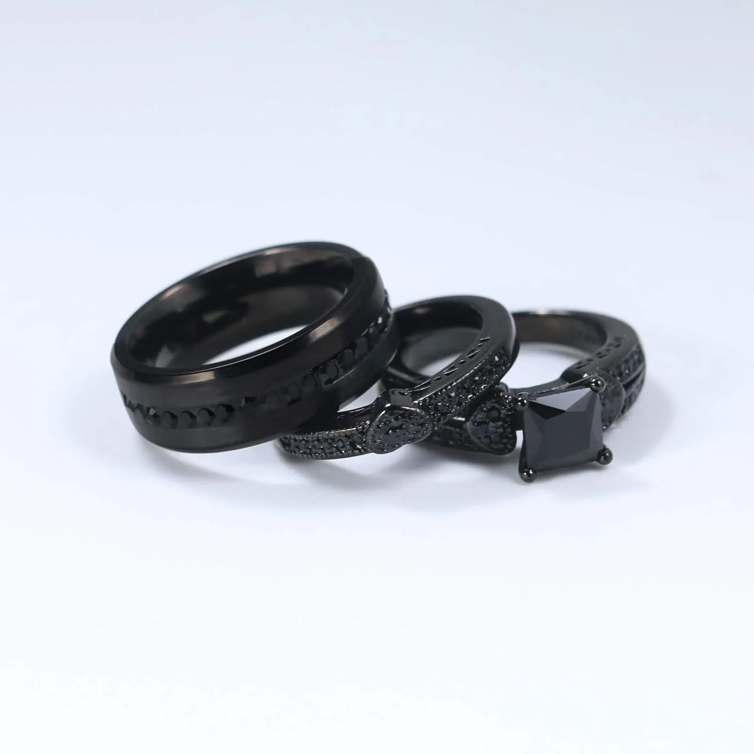 ringheart 2 Rings His and Hers Ring Couple Rings Black Cz Rings Womens Wedding Ring Sets Titanium Steel Mens Wedding Bands