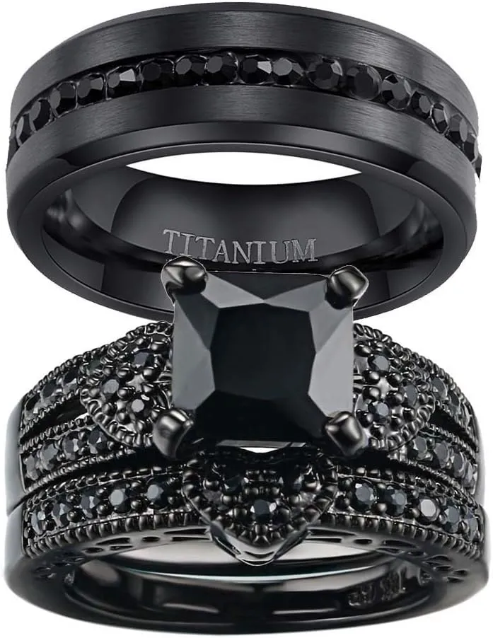 ringheart 2 Rings His and Hers Ring Couple Rings Black Cz Rings Womens Wedding Ring Sets Titanium Steel Mens Wedding Bands