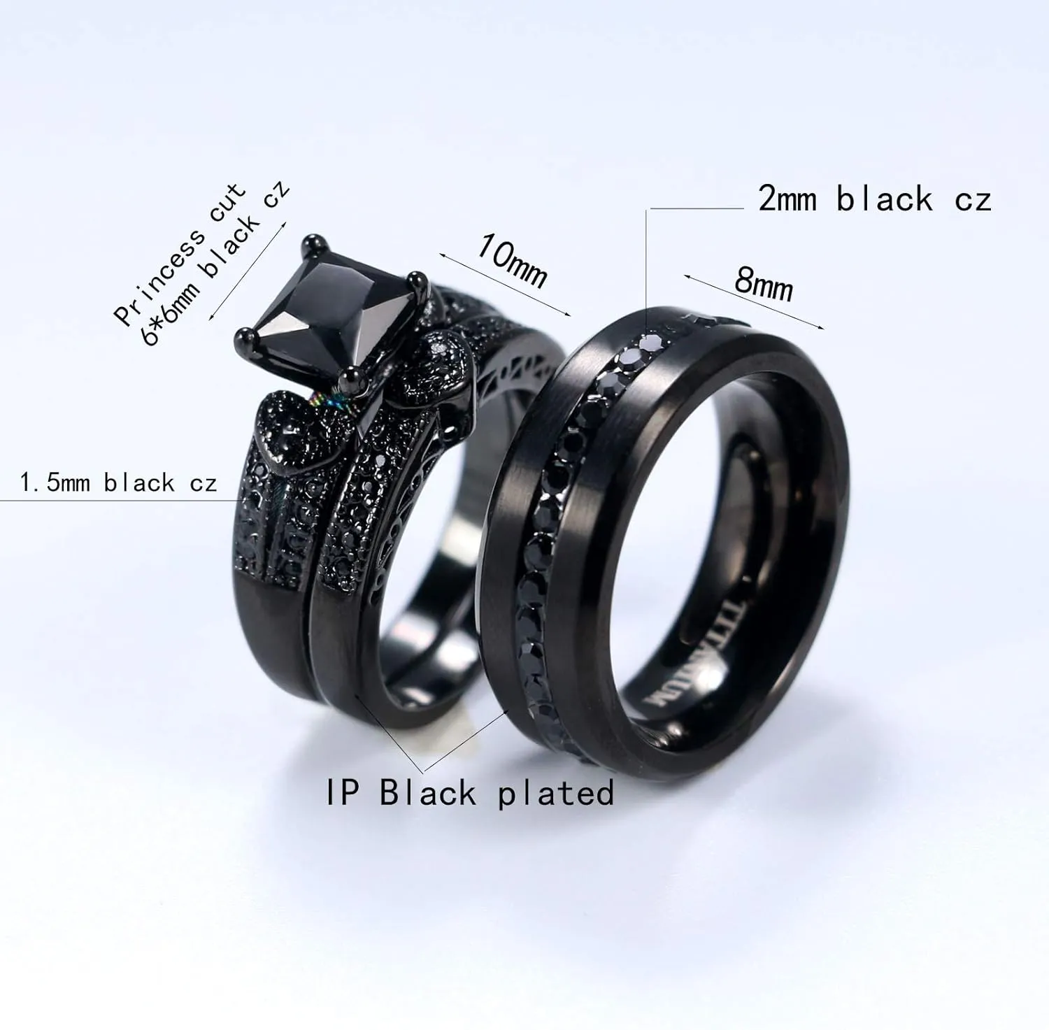 ringheart 2 Rings His and Hers Ring Couple Rings Black Cz Rings Womens Wedding Ring Sets Titanium Steel Mens Wedding Bands