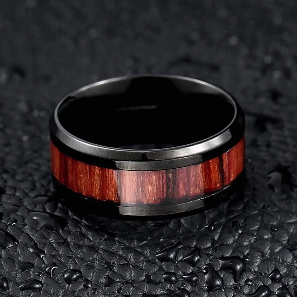 ringheart Couple Rings Black Gold Filled 6mm Red Cz Womens Wedding Ring Sets Wood Grain Titanium Men's Wedding BandPlease Buy 2 Rings for 1 Pair