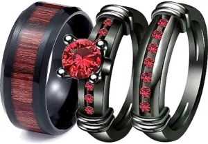 ringheart Couple Rings Black Gold Filled 6mm Red Cz Womens Wedding Ring Sets Wood Grain Titanium Men's Wedding BandPlease Buy 2 Rings for 1 Pair