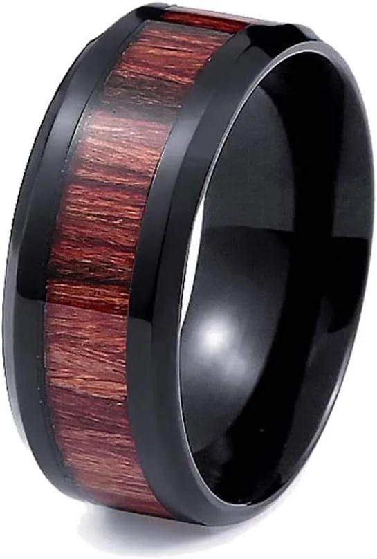 ringheart Couple Rings Black Gold Filled 6mm Red Cz Womens Wedding Ring Sets Wood Grain Titanium Men's Wedding BandPlease Buy 2 Rings for 1 Pair