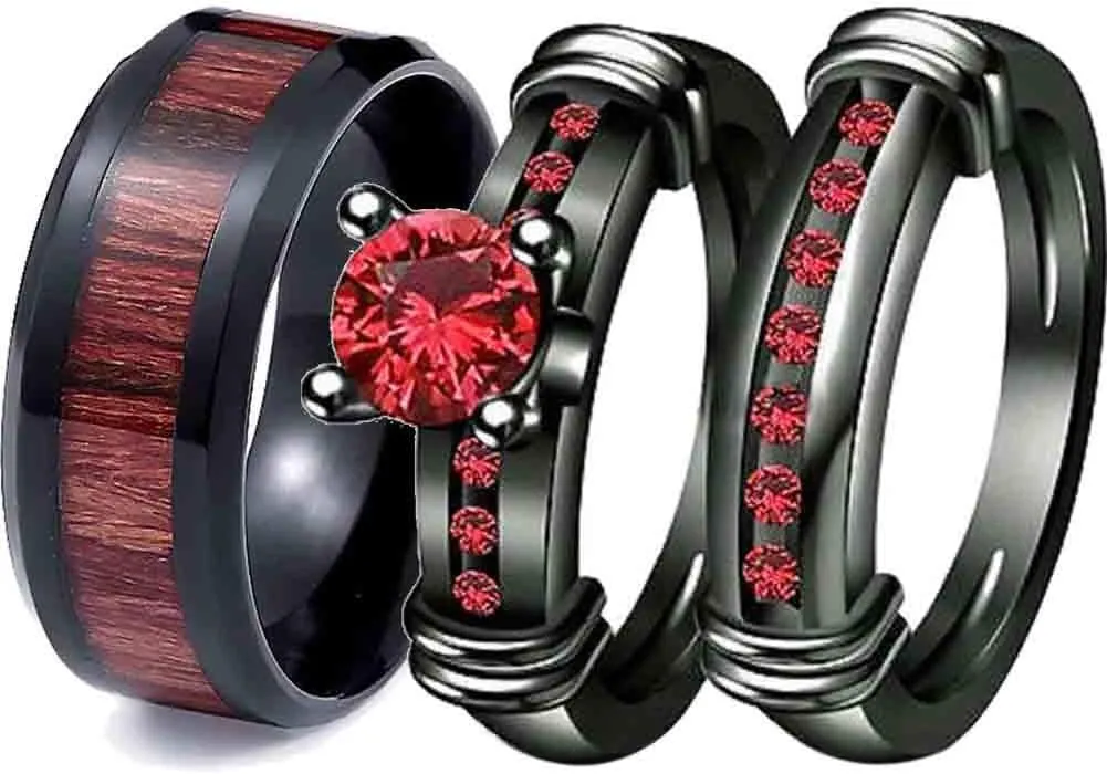 ringheart Couple Rings Black Gold Filled 6mm Red Cz Womens Wedding Ring Sets Wood Grain Titanium Men's Wedding BandPlease Buy 2 Rings for 1 Pair