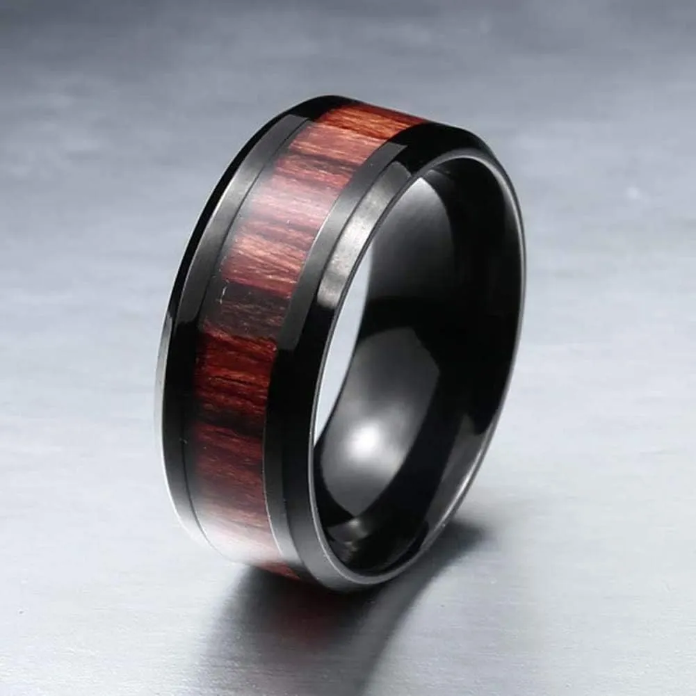 ringheart Couple Rings Black Gold Filled 6mm Red Cz Womens Wedding Ring Sets Wood Grain Titanium Men's Wedding BandPlease Buy 2 Rings for 1 Pair