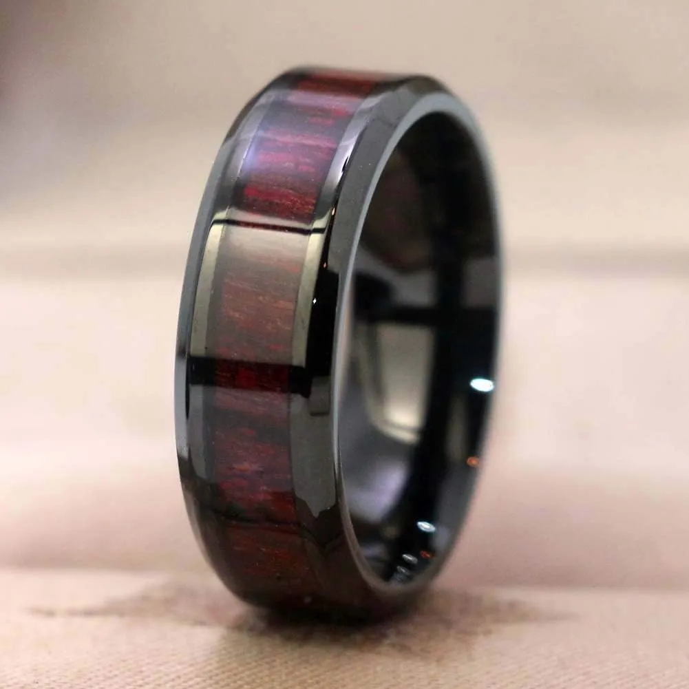 ringheart Couple Rings Black Gold Filled 6mm Red Cz Womens Wedding Ring Sets Wood Grain Titanium Men's Wedding BandPlease Buy 2 Rings for 1 Pair
