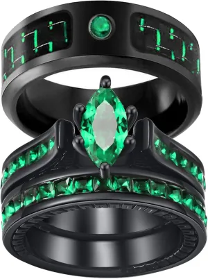 ringheart His and Her Couple Rings Black Matching Ring 1.5ct Green CZ Women Wedding Ring Sets for Him and Her