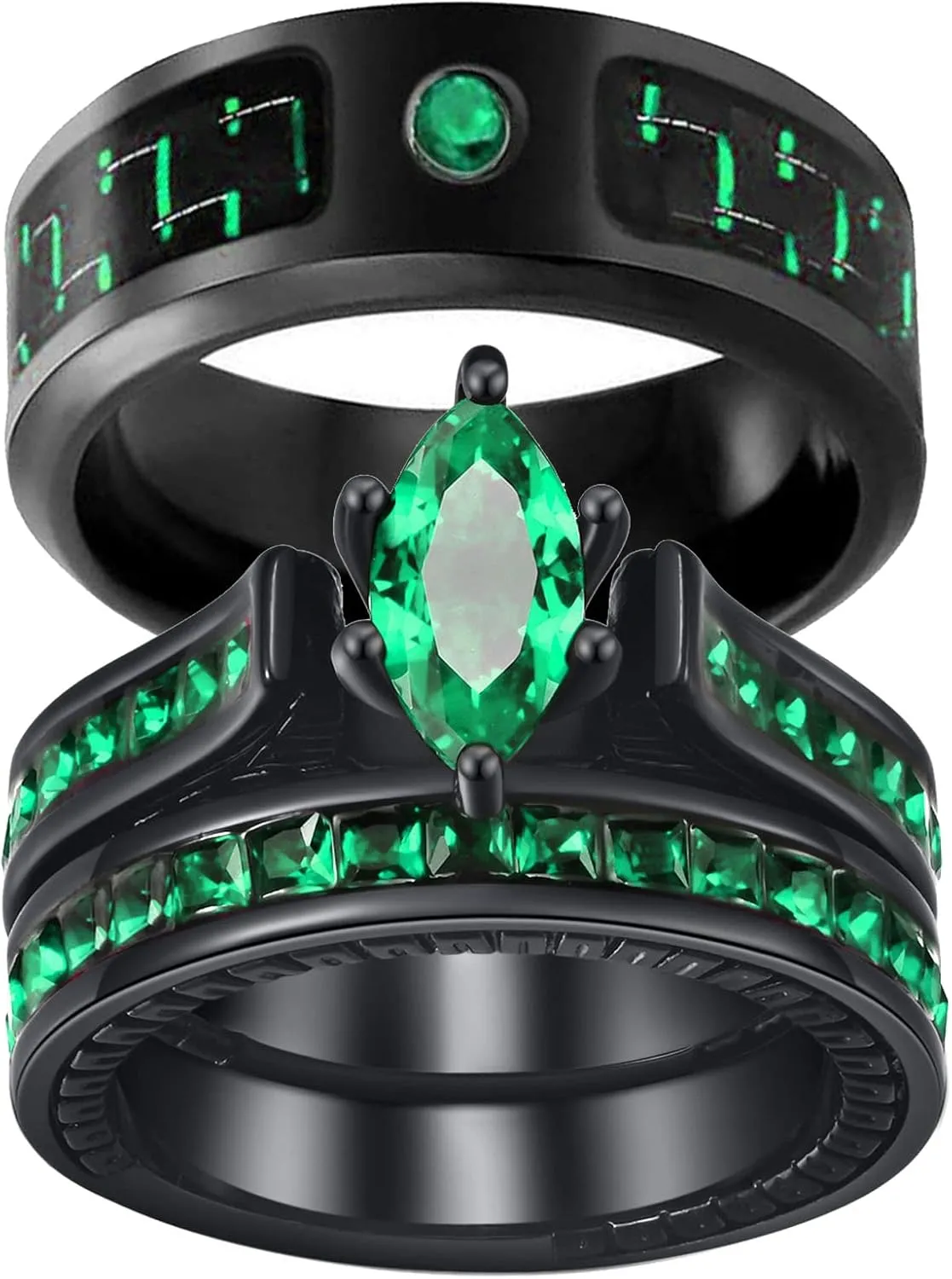 ringheart His and Her Couple Rings Black Matching Ring 1.5ct Green CZ Women Wedding Ring Sets for Him and Her