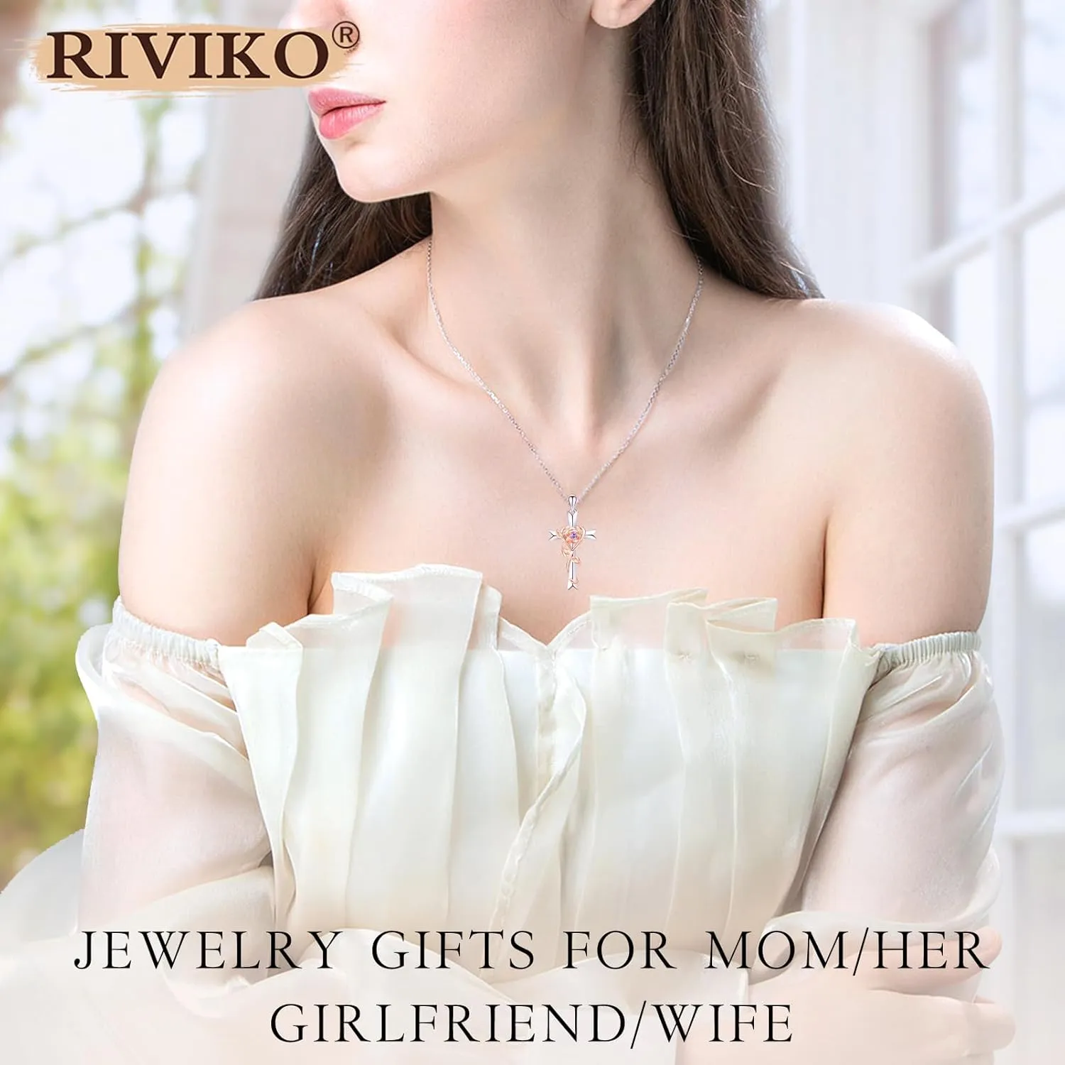 RIVIKO 925 Sterling Silver Cross Birthstone Necklace for Women Cross Rose Pendant Necklaces Trendy Christmas Valentine's Day Anniversary Jewelry Gift for Women Her Wife Girlfriends