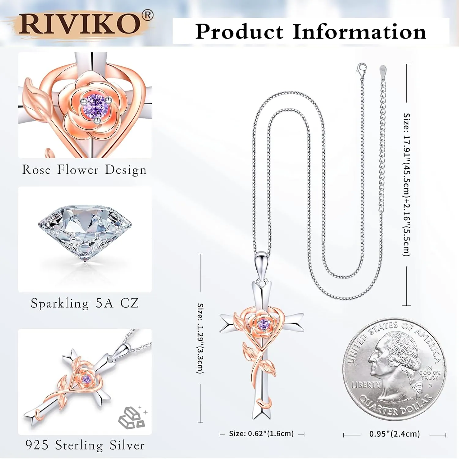 RIVIKO 925 Sterling Silver Cross Birthstone Necklace for Women Cross Rose Pendant Necklaces Trendy Christmas Valentine's Day Anniversary Jewelry Gift for Women Her Wife Girlfriends