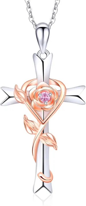 RIVIKO 925 Sterling Silver Cross Birthstone Necklace for Women Cross Rose Pendant Necklaces Trendy Christmas Valentine's Day Anniversary Jewelry Gift for Women Her Wife Girlfriends