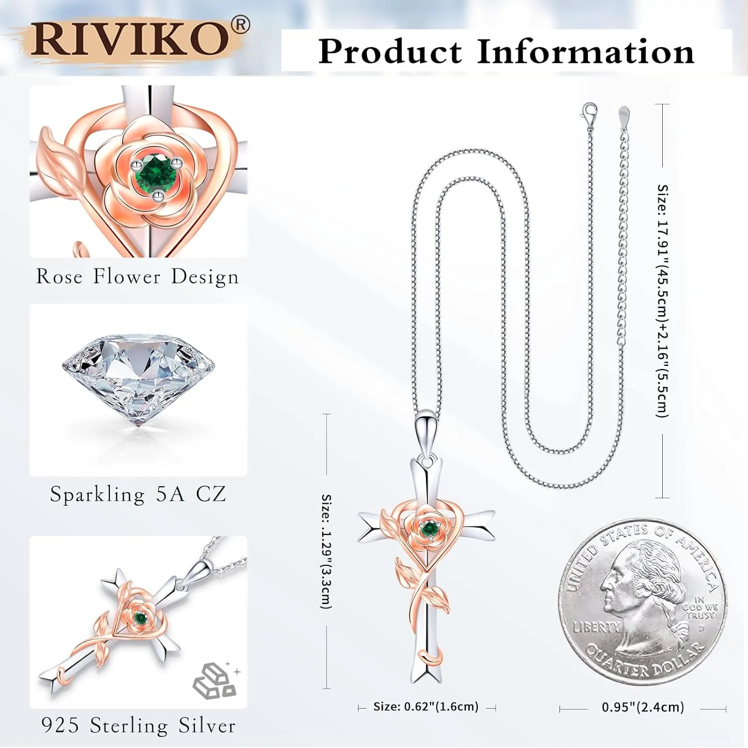RIVIKO 925 Sterling Silver Cross Birthstone Necklace for Women Cross Rose Pendant Necklaces Trendy Christmas Valentine's Day Anniversary Jewelry Gift for Women Her Wife Girlfriends