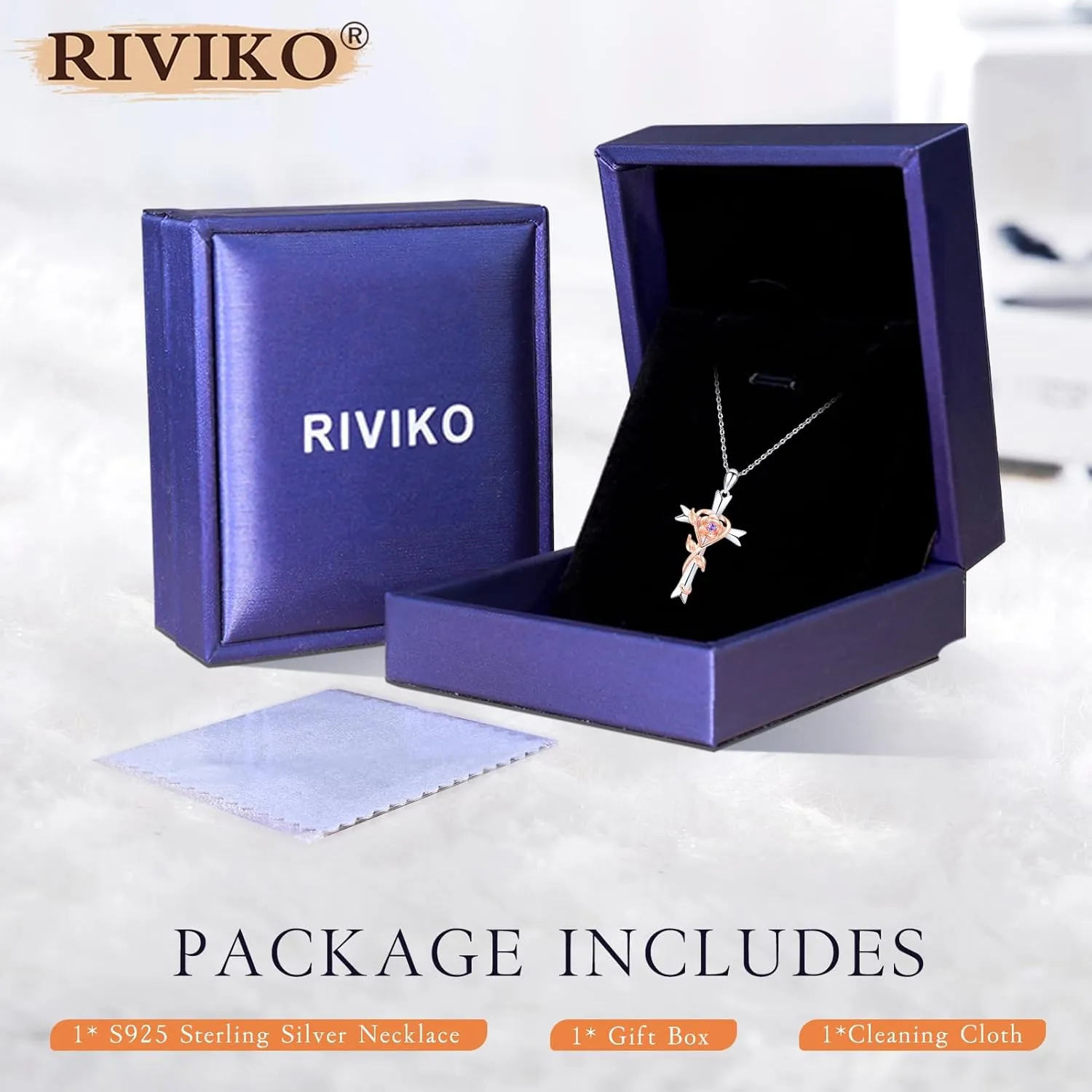 RIVIKO 925 Sterling Silver Cross Birthstone Necklace for Women Cross Rose Pendant Necklaces Trendy Christmas Valentine's Day Anniversary Jewelry Gift for Women Her Wife Girlfriends