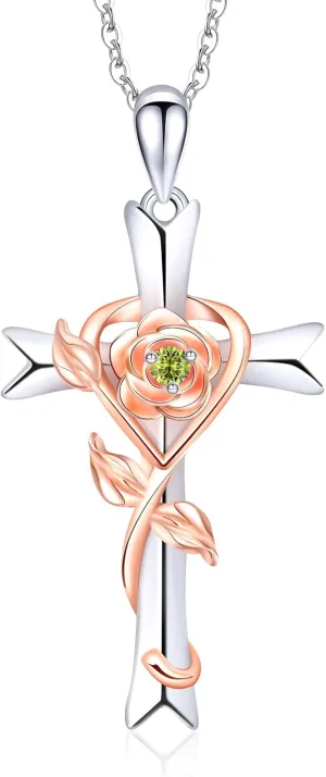 RIVIKO 925 Sterling Silver Cross Birthstone Necklace for Women Cross Rose Pendant Necklaces Trendy Christmas Valentine's Day Anniversary Jewelry Gift for Women Her Wife Girlfriends