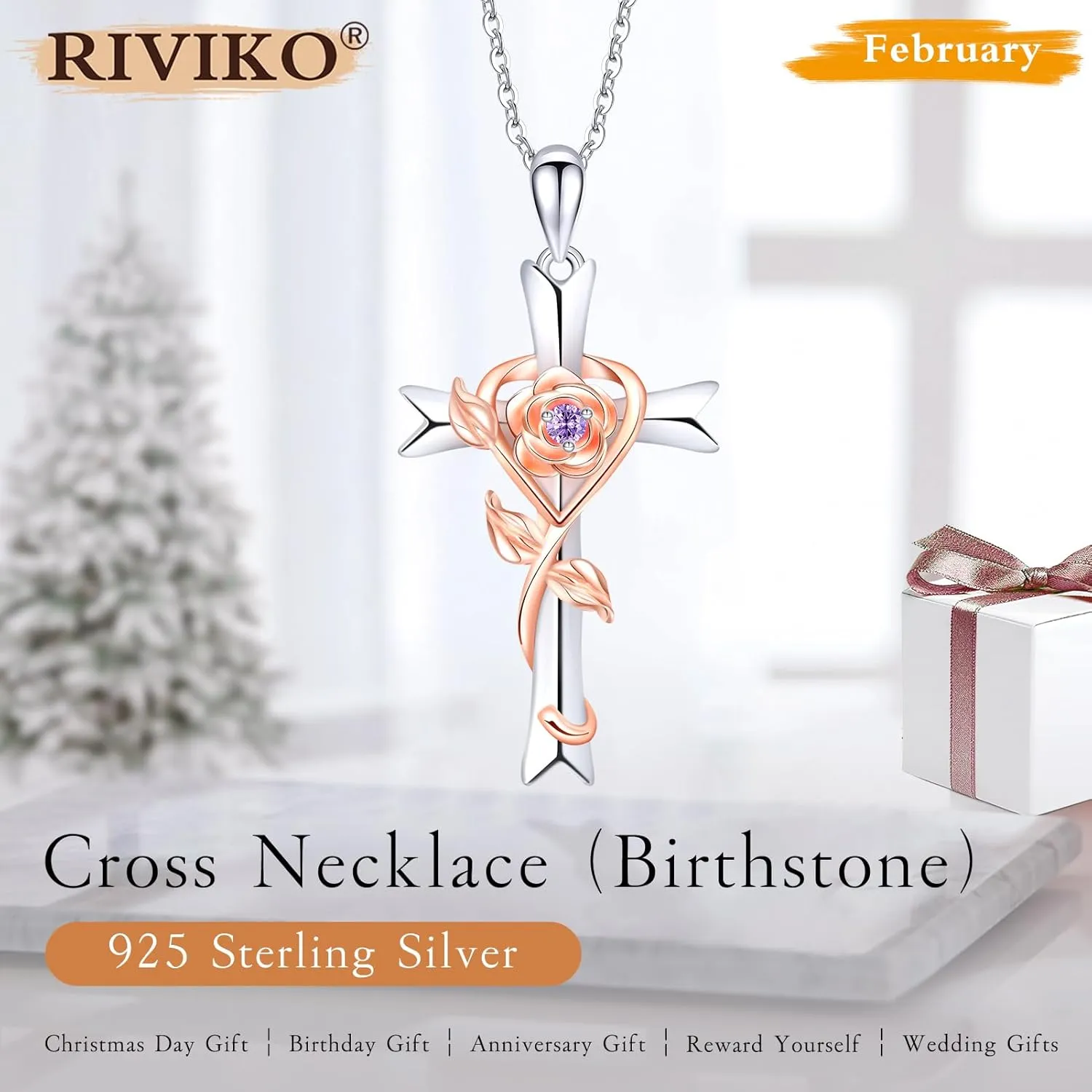 RIVIKO 925 Sterling Silver Cross Birthstone Necklace for Women Cross Rose Pendant Necklaces Trendy Christmas Valentine's Day Anniversary Jewelry Gift for Women Her Wife Girlfriends