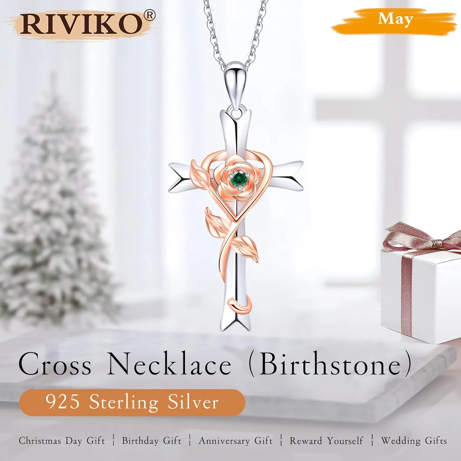 RIVIKO 925 Sterling Silver Cross Birthstone Necklace for Women Cross Rose Pendant Necklaces Trendy Christmas Valentine's Day Anniversary Jewelry Gift for Women Her Wife Girlfriends