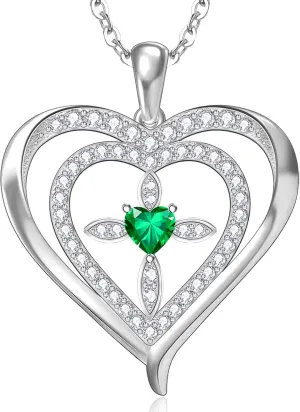 RIVIKO 925 Sterling Silver Cross Birthstone Necklace for Women,Love Heart Pendant Necklaces Trendy, Mothers Day Gifts for Mom,Anniversary Jewelry Birthday Gifts for Women Wife Mother Friend