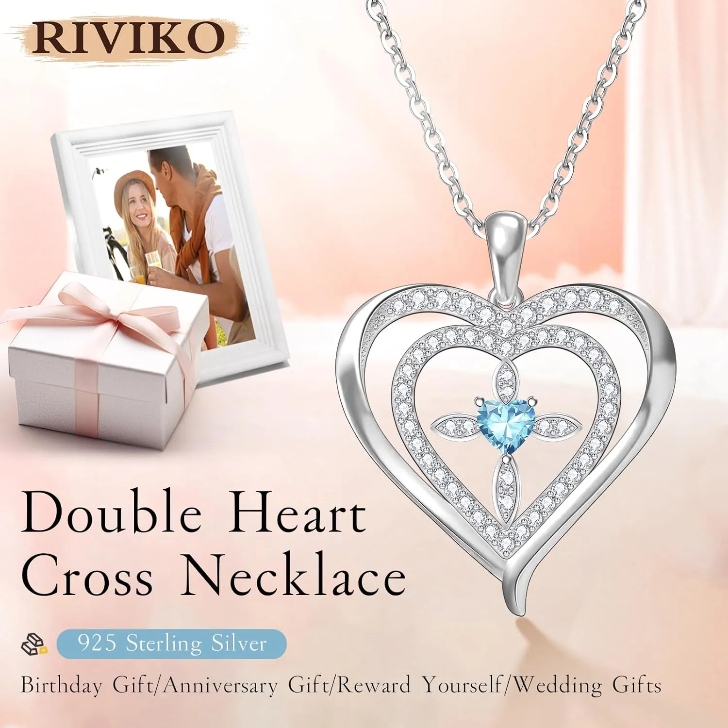 RIVIKO 925 Sterling Silver Cross Birthstone Necklace for Women,Love Heart Pendant Necklaces Trendy, Mothers Day Gifts for Mom,Anniversary Jewelry Birthday Gifts for Women Wife Mother Friend