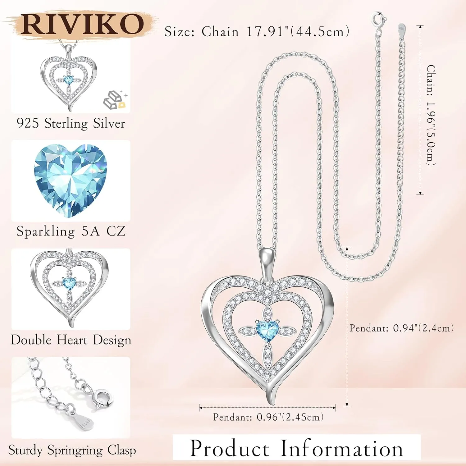 RIVIKO 925 Sterling Silver Cross Birthstone Necklace for Women,Love Heart Pendant Necklaces Trendy, Mothers Day Gifts for Mom,Anniversary Jewelry Birthday Gifts for Women Wife Mother Friend