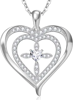 RIVIKO 925 Sterling Silver Cross Birthstone Necklace for Women,Love Heart Pendant Necklaces Trendy, Mothers Day Gifts for Mom,Anniversary Jewelry Birthday Gifts for Women Wife Mother Friend