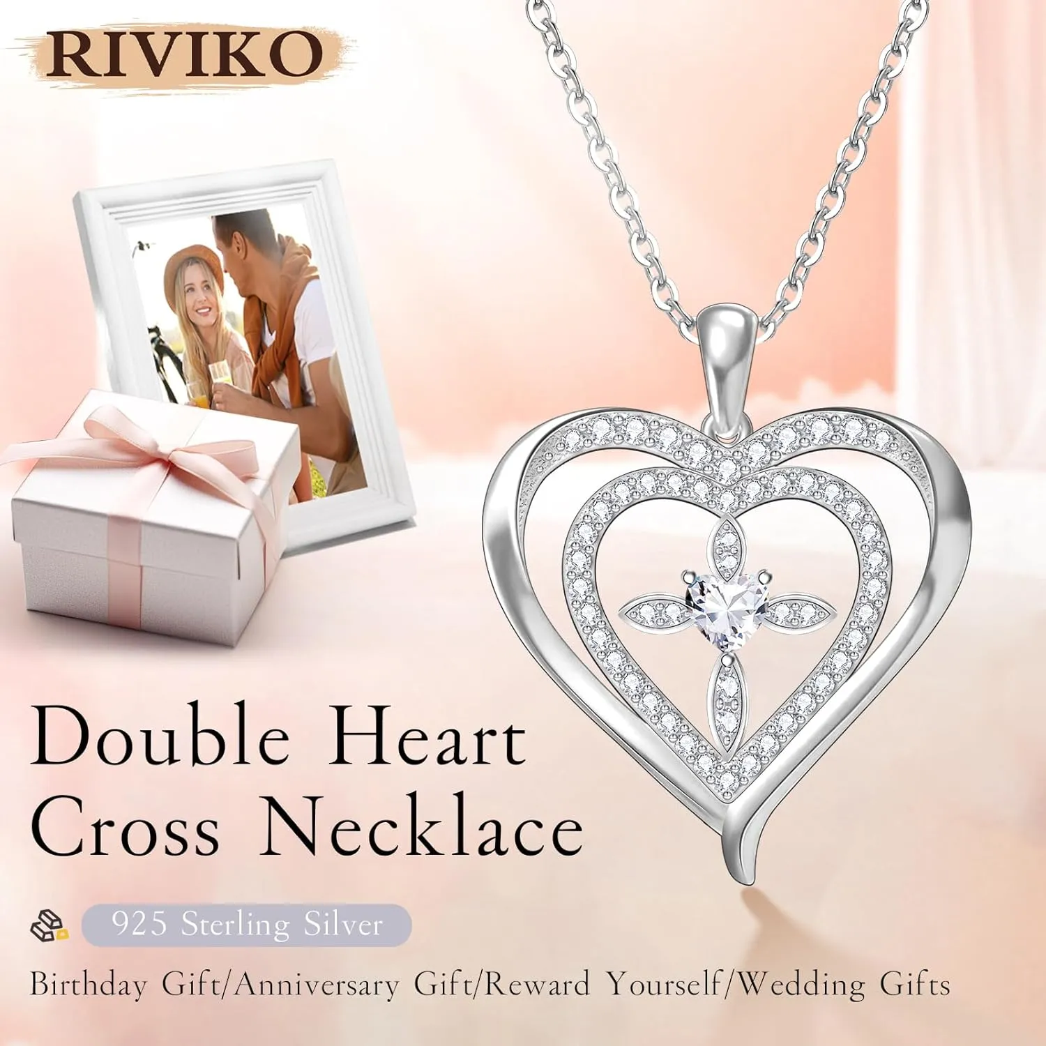 RIVIKO 925 Sterling Silver Cross Birthstone Necklace for Women,Love Heart Pendant Necklaces Trendy, Mothers Day Gifts for Mom,Anniversary Jewelry Birthday Gifts for Women Wife Mother Friend