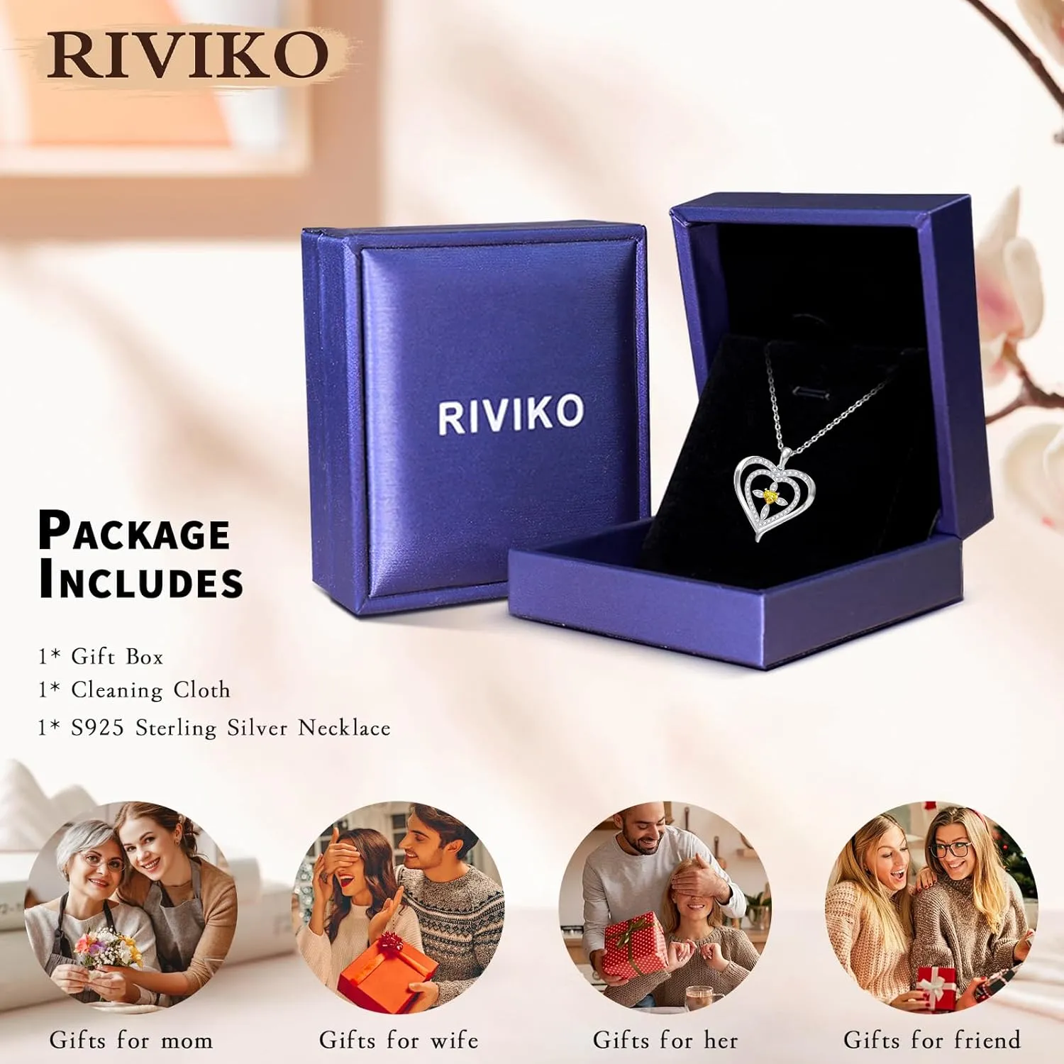 RIVIKO 925 Sterling Silver Cross Birthstone Necklace for Women,Love Heart Pendant Necklaces Trendy, Mothers Day Gifts for Mom,Anniversary Jewelry Birthday Gifts for Women Wife Mother Friend