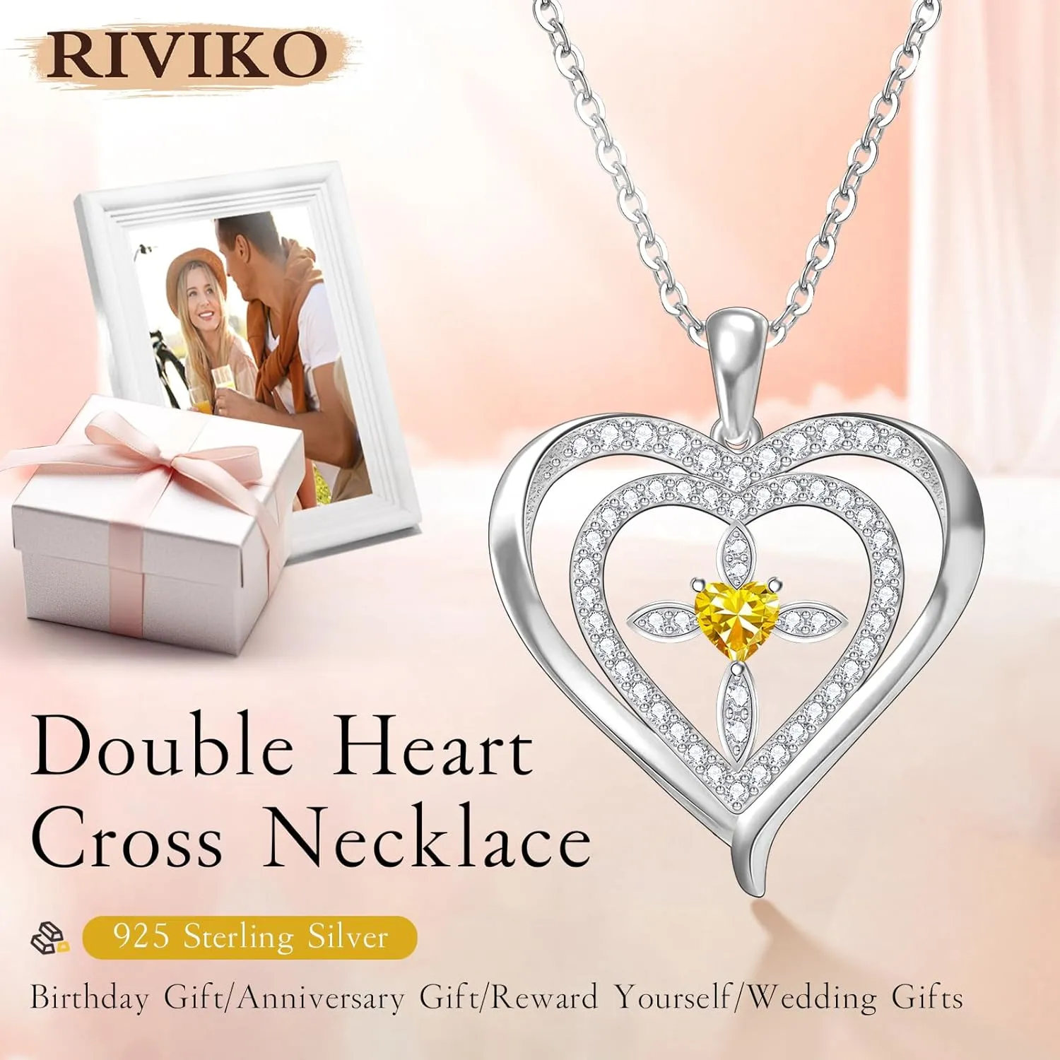 RIVIKO 925 Sterling Silver Cross Birthstone Necklace for Women,Love Heart Pendant Necklaces Trendy, Mothers Day Gifts for Mom,Anniversary Jewelry Birthday Gifts for Women Wife Mother Friend