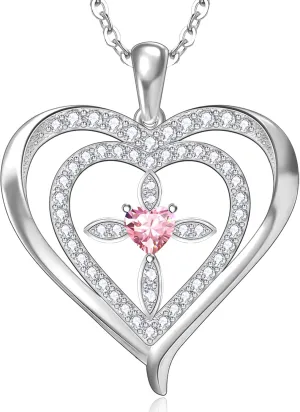 RIVIKO 925 Sterling Silver Cross Birthstone Necklace for Women,Love Heart Pendant Necklaces Trendy, Mothers Day Gifts for Mom,Anniversary Jewelry Birthday Gifts for Women Wife Mother Friend
