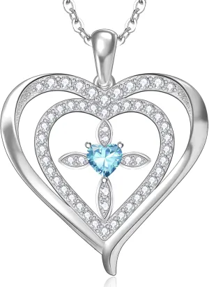 RIVIKO 925 Sterling Silver Cross Birthstone Necklace for Women,Love Heart Pendant Necklaces Trendy, Mothers Day Gifts for Mom,Anniversary Jewelry Birthday Gifts for Women Wife Mother Friend