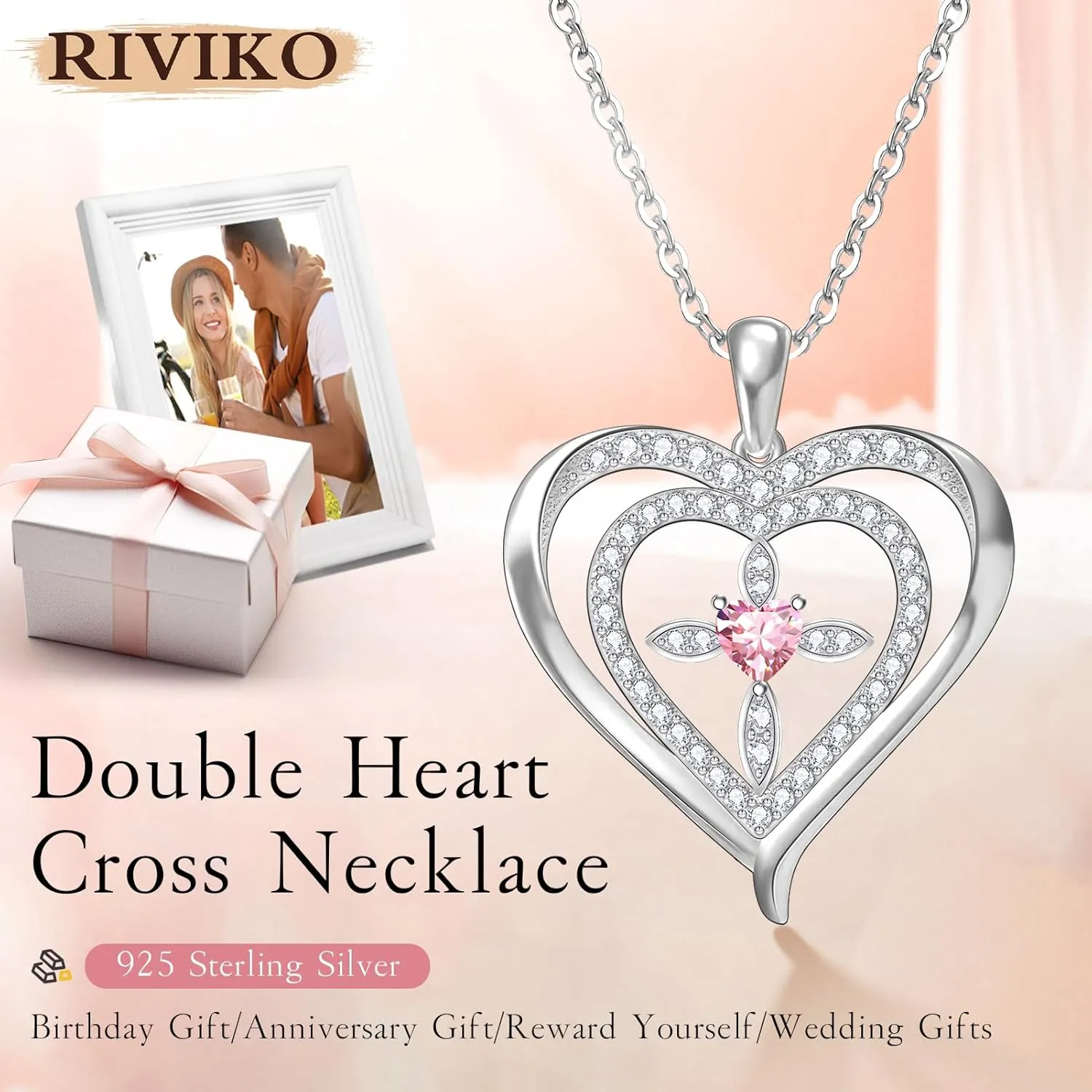 RIVIKO 925 Sterling Silver Cross Birthstone Necklace for Women,Love Heart Pendant Necklaces Trendy, Mothers Day Gifts for Mom,Anniversary Jewelry Birthday Gifts for Women Wife Mother Friend