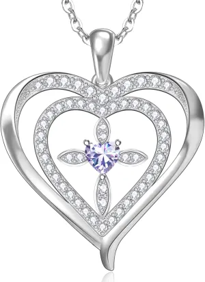RIVIKO 925 Sterling Silver Cross Birthstone Necklace for Women,Love Heart Pendant Necklaces Trendy, Mothers Day Gifts for Mom,Anniversary Jewelry Birthday Gifts for Women Wife Mother Friend