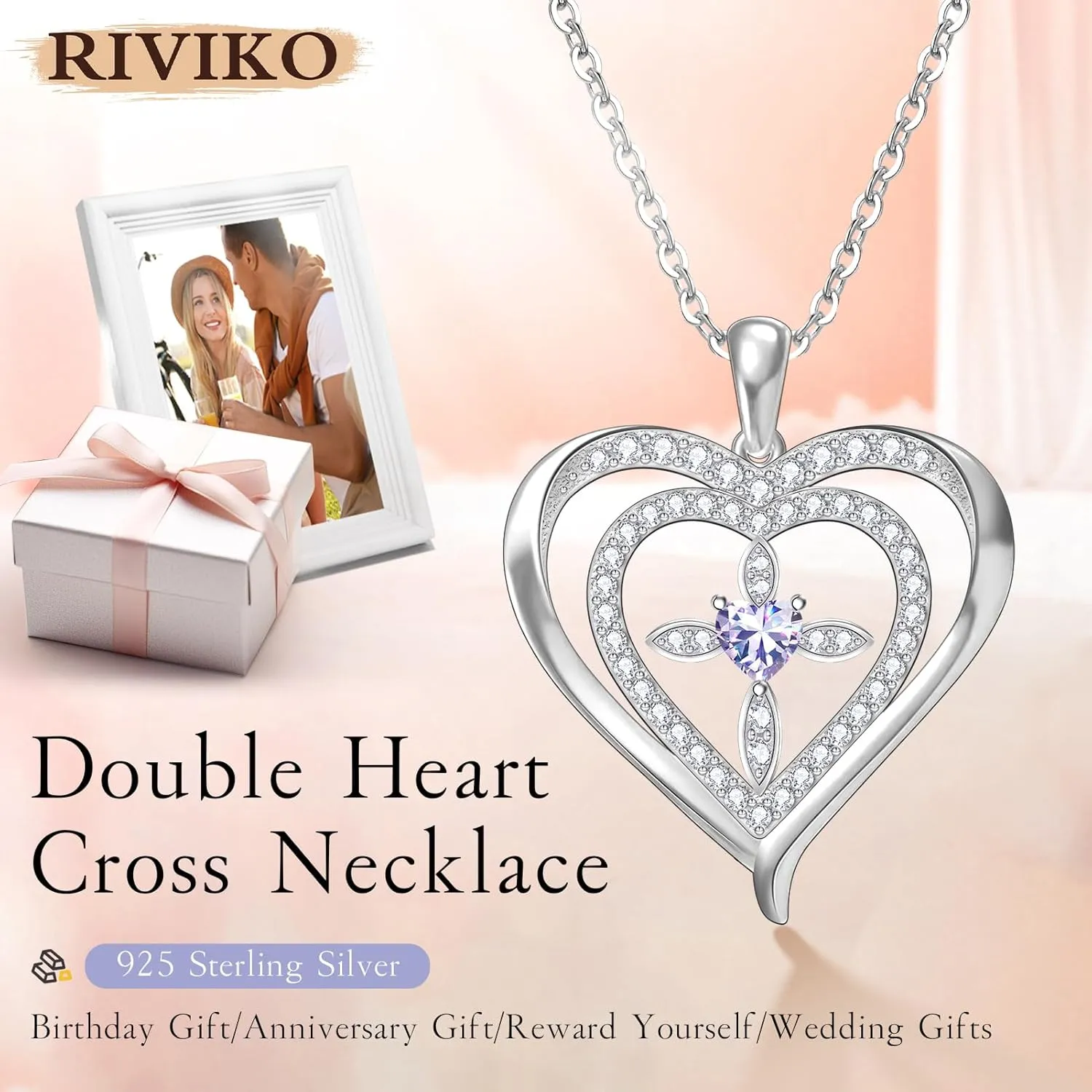 RIVIKO 925 Sterling Silver Cross Birthstone Necklace for Women,Love Heart Pendant Necklaces Trendy, Mothers Day Gifts for Mom,Anniversary Jewelry Birthday Gifts for Women Wife Mother Friend
