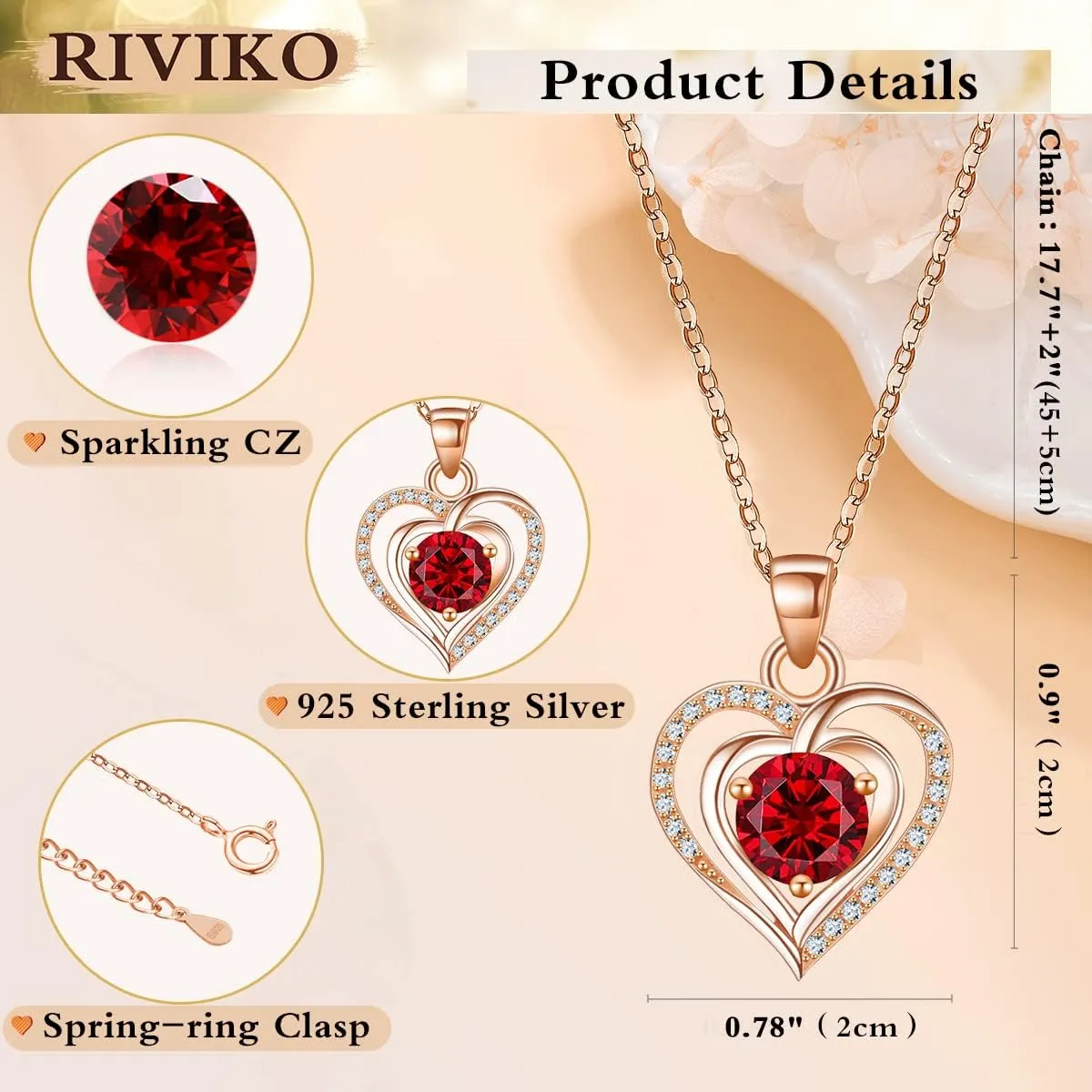 RIVIKO Heart Birthstone Pendant Necklace for Women 925 Sterling Silver Zirconia Necklaces Wedding Anniversary Birthday Mothers Day Jewelry Gifts For Her Mother Wife