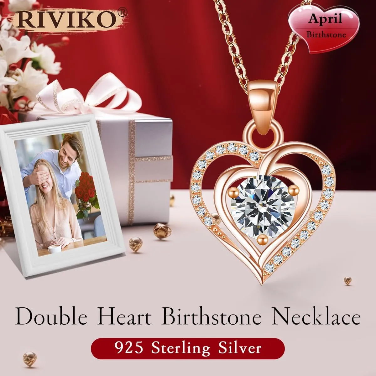RIVIKO Heart Birthstone Pendant Necklace for Women 925 Sterling Silver Zirconia Necklaces Wedding Anniversary Birthday Mothers Day Jewelry Gifts For Her Mother Wife