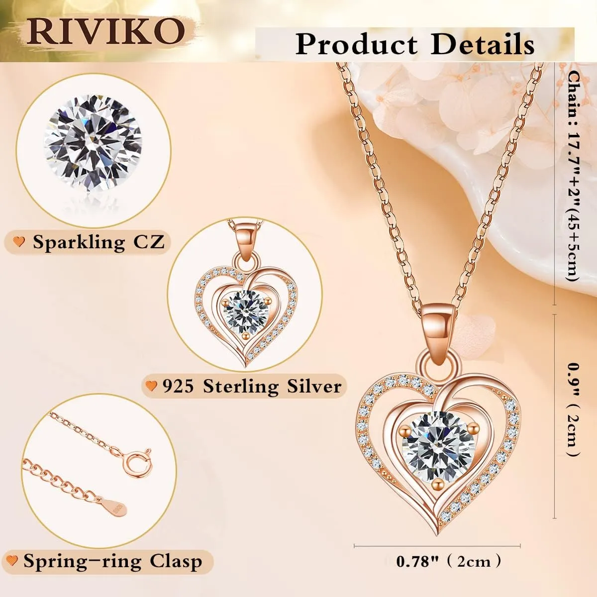 RIVIKO Heart Birthstone Pendant Necklace for Women 925 Sterling Silver Zirconia Necklaces Wedding Anniversary Birthday Mothers Day Jewelry Gifts For Her Mother Wife