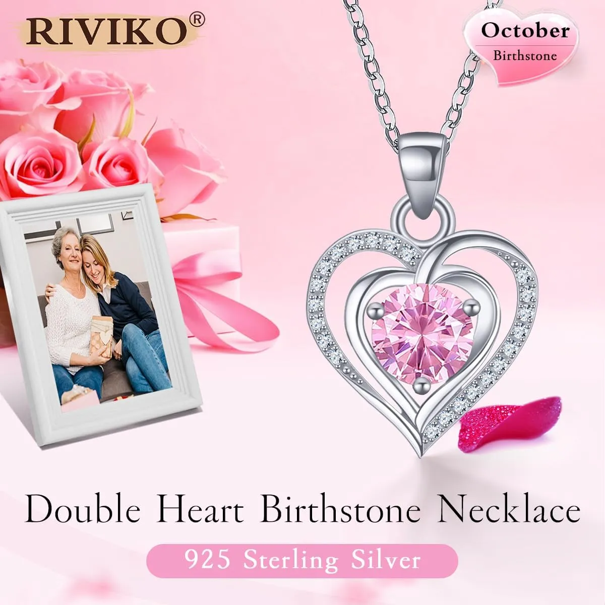 RIVIKO Heart Birthstone Pendant Necklace for Women 925 Sterling Silver Zirconia Necklaces Wedding Anniversary Birthday Mothers Day Jewelry Gifts For Her Mother Wife
