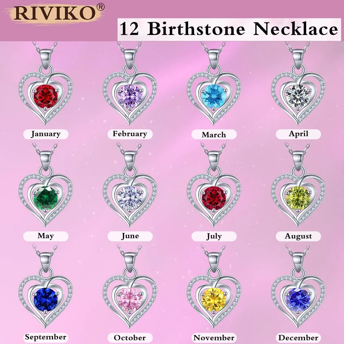 RIVIKO Heart Birthstone Pendant Necklace for Women 925 Sterling Silver Zirconia Necklaces Wedding Anniversary Birthday Mothers Day Jewelry Gifts For Her Mother Wife
