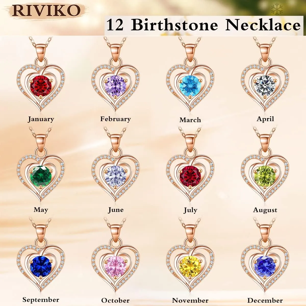 RIVIKO Heart Birthstone Pendant Necklace for Women 925 Sterling Silver Zirconia Necklaces Wedding Anniversary Birthday Mothers Day Jewelry Gifts For Her Mother Wife